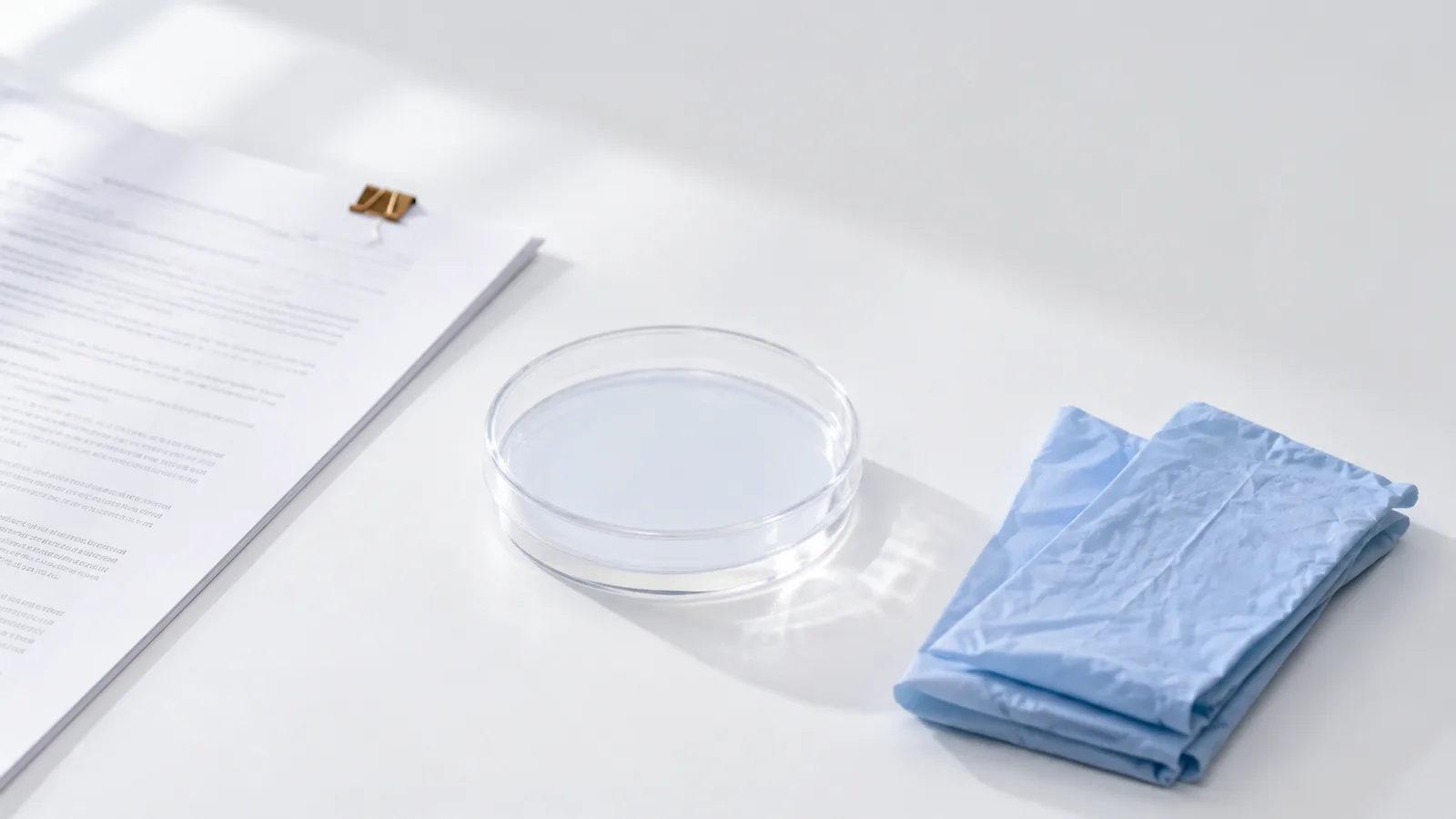 An empty petri dish beside a printed protocol document and folded gloves on a white bench