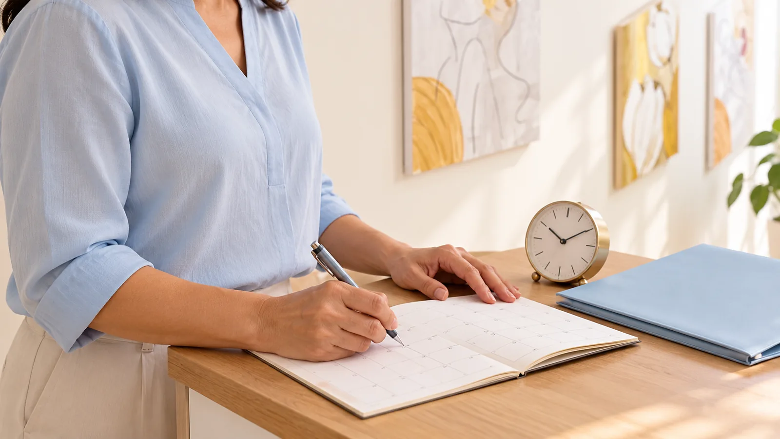 A woman records dates in a calendar beside a clock and a folder for her laboratory report