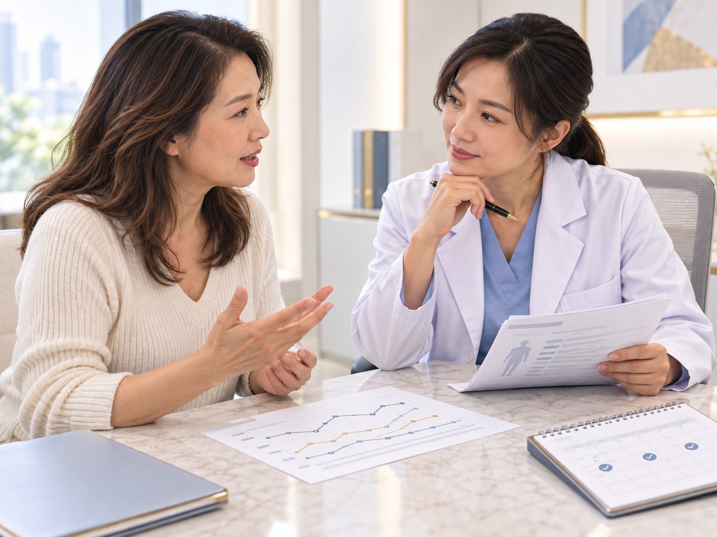 A physician reviews a hormone history and follow-up chart with a patient