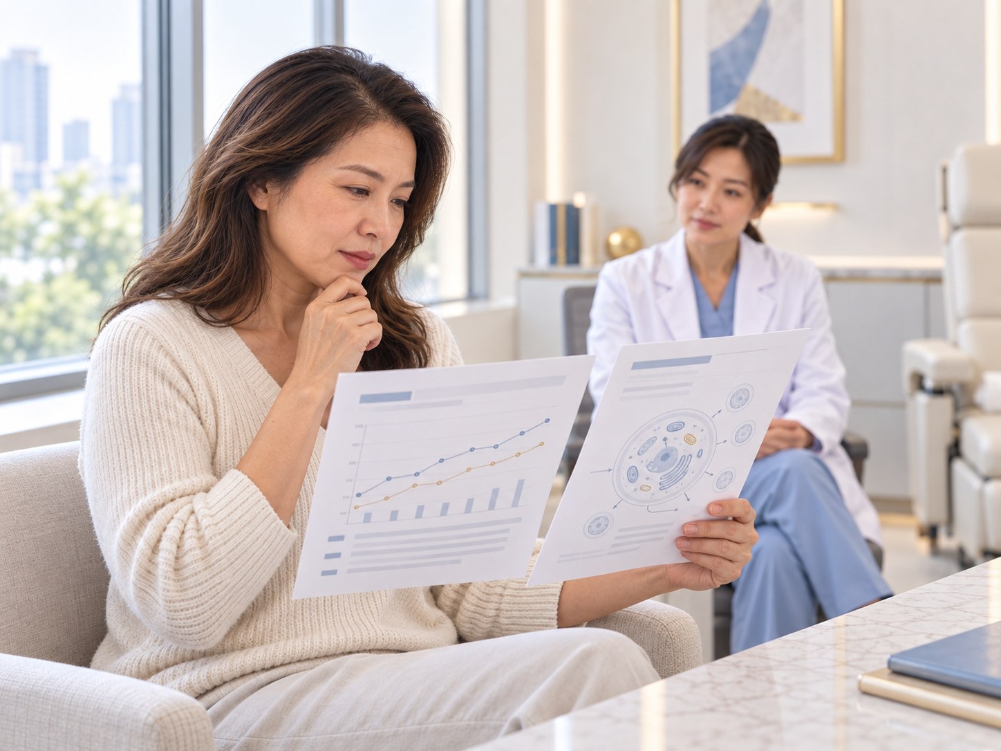 A patient reviews clinical evidence about NAD+ with a physician nearby