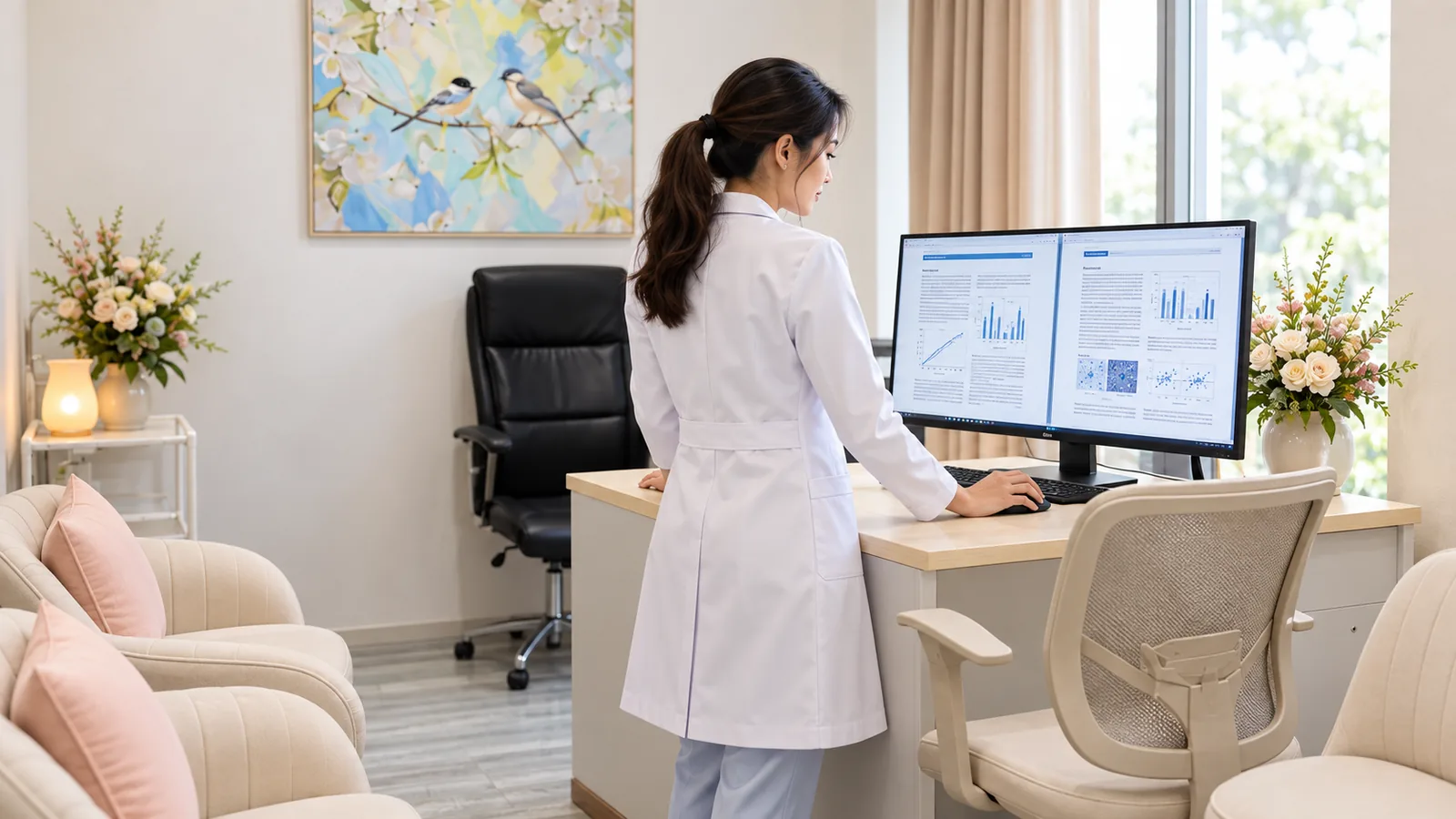 A clinician stands at a workstation comparing research papers on a monitor in a consultation room