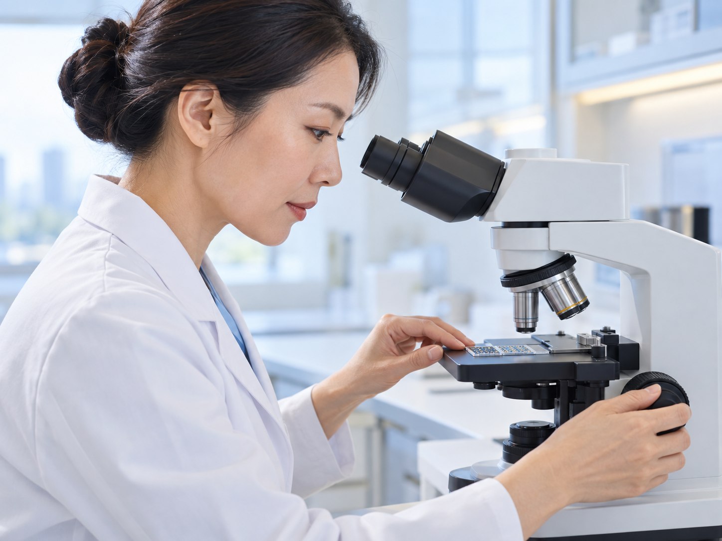 Laboratory analyst examines a biomarker slide under a microscope