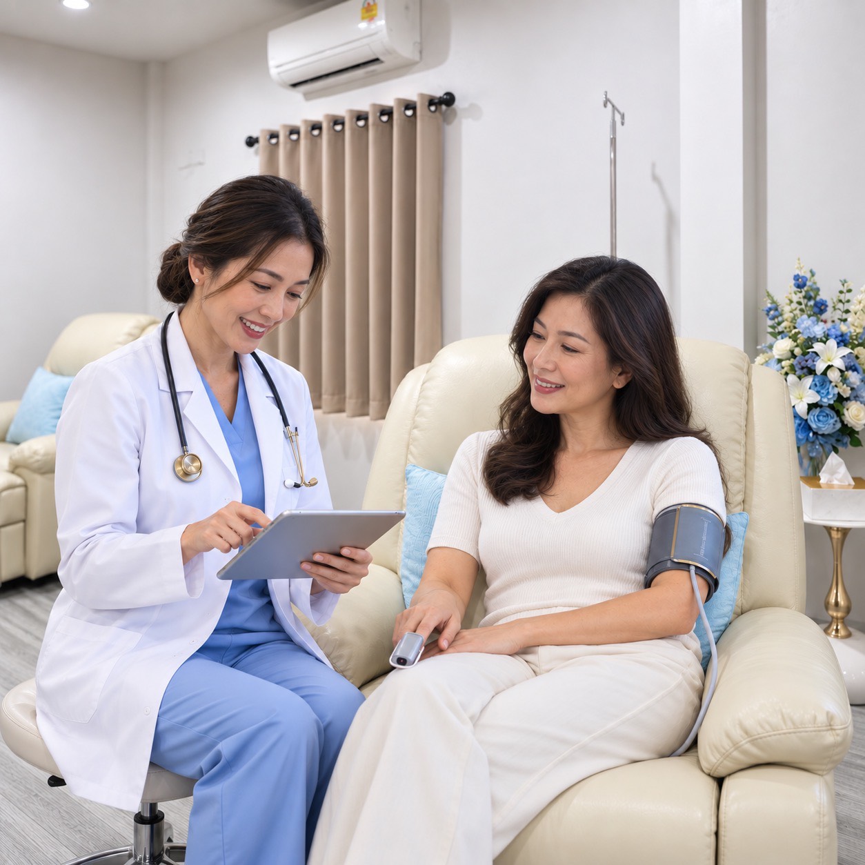A physician reviews an exosome therapy plan with a patient in the IV lounge