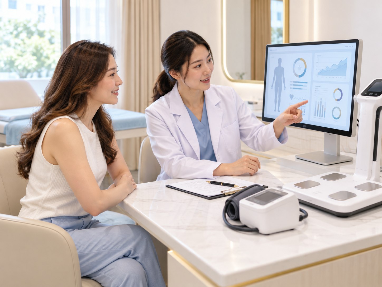 Clinician reviews a health assessment with a patient beside diagnostic equipment