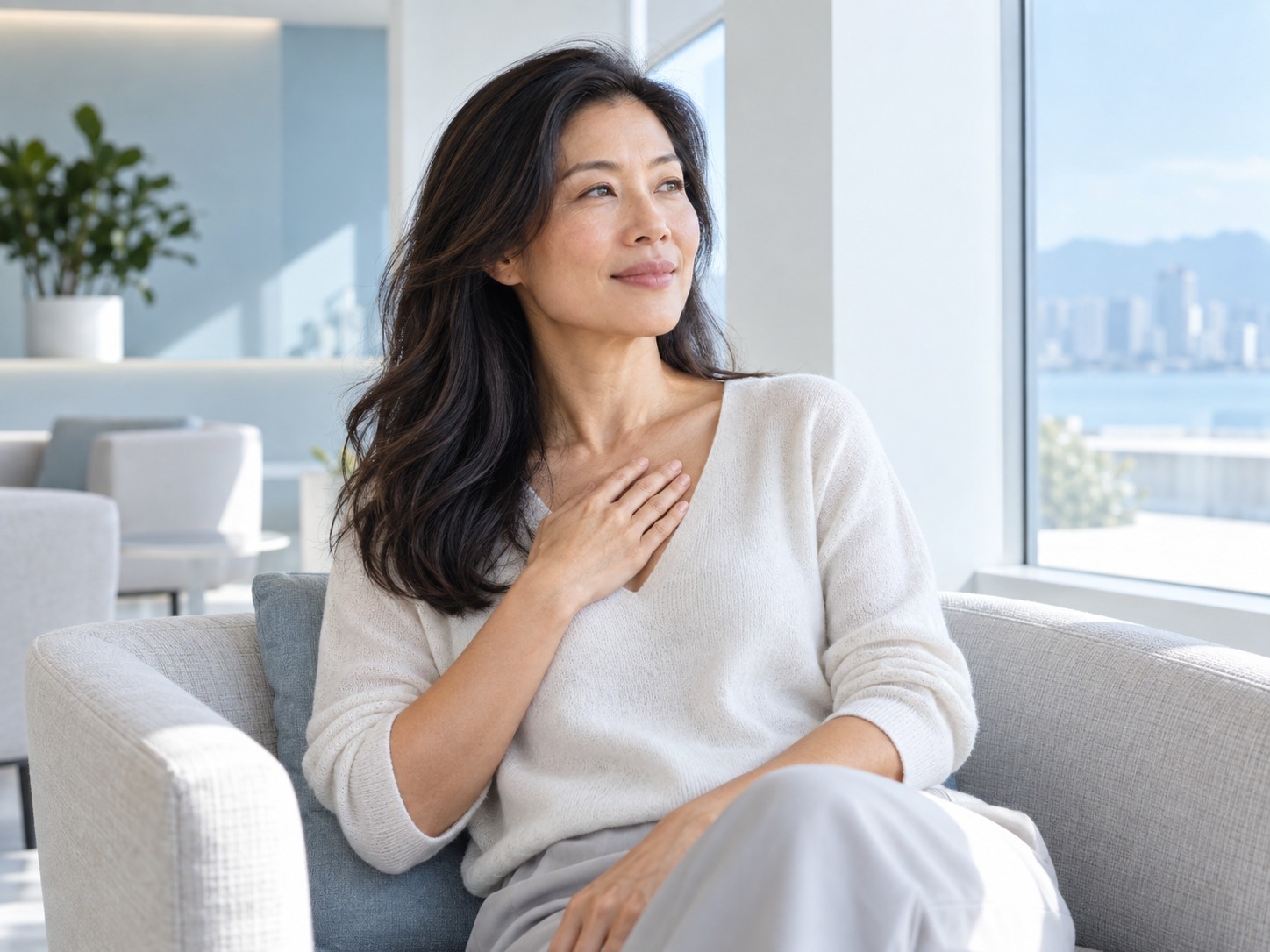 A woman sits alone by a clinic window with one hand resting over her chest