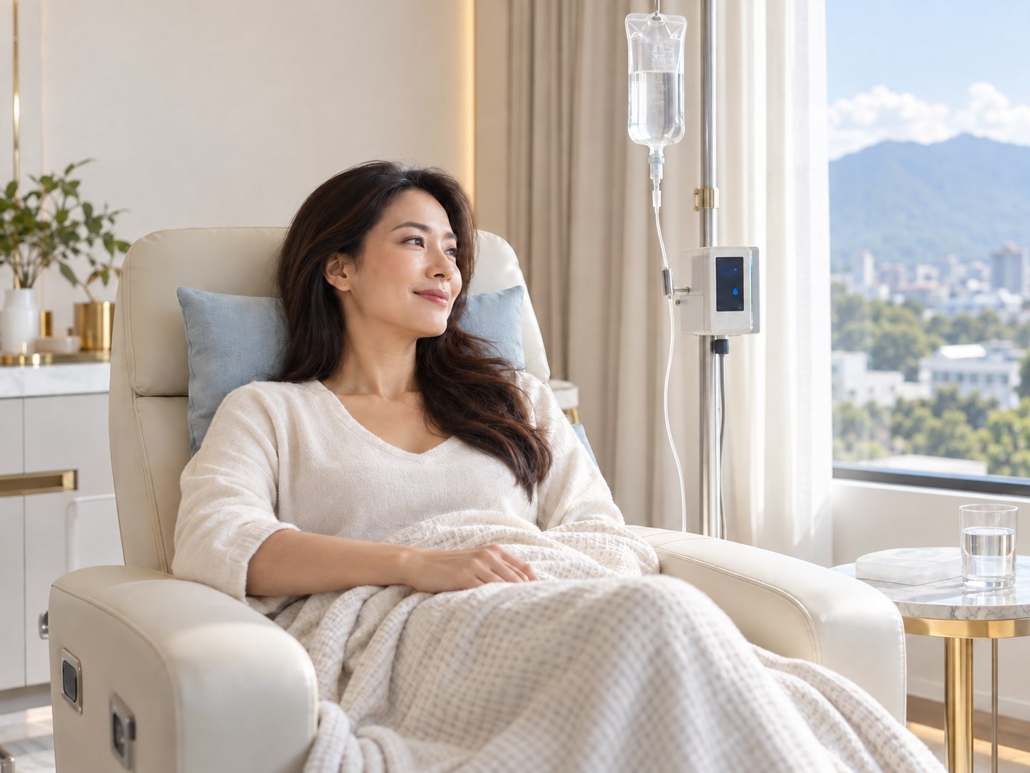A woman resting in an infusion chair beside an IV stand