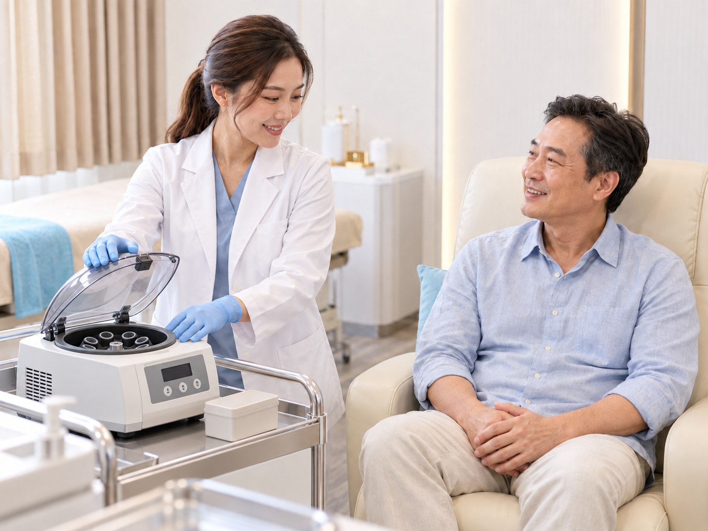 Clinician prepares a centrifuge while a patient sits nearby