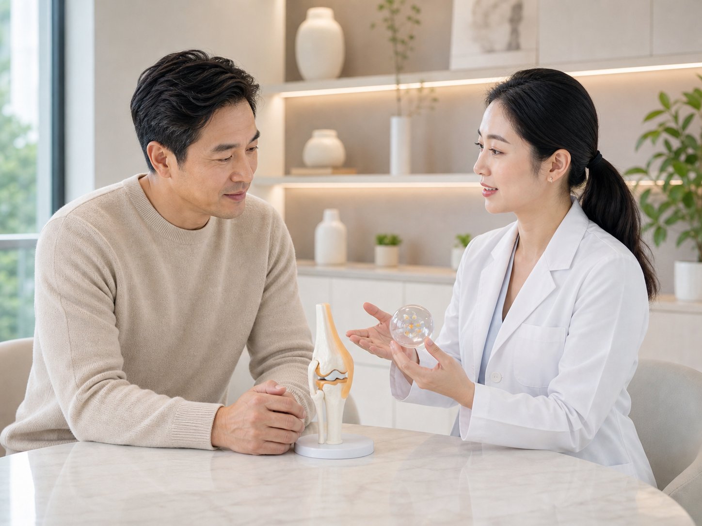A clinician explains a knee joint model to a seated patient