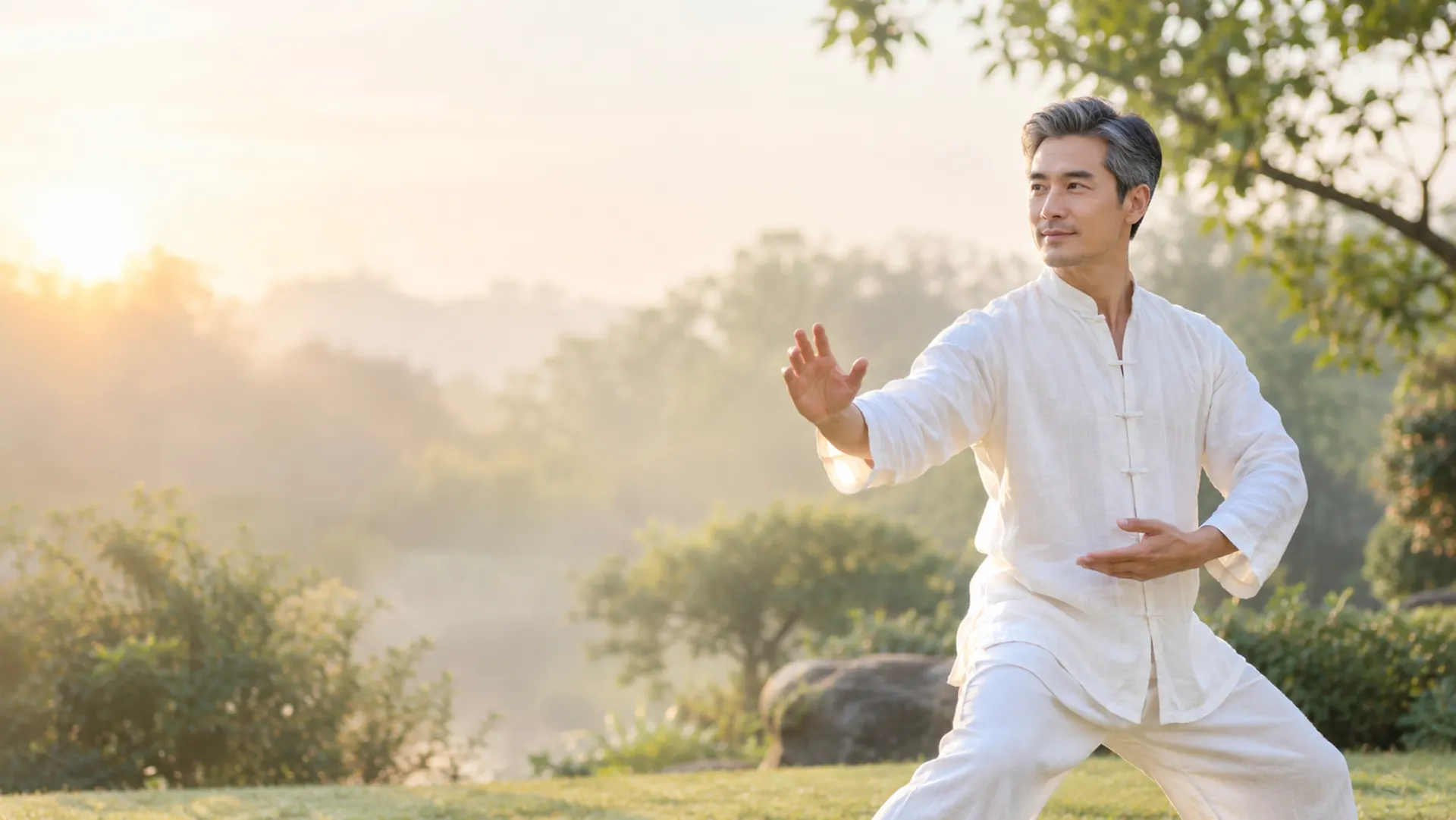 A man in his fifties practising tai chi in a garden at sunrise
