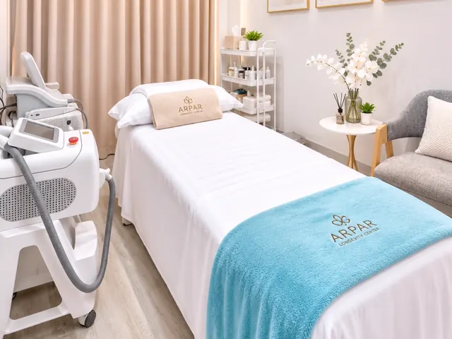 A treatment room at ARPAR with aesthetic equipment and branded linen